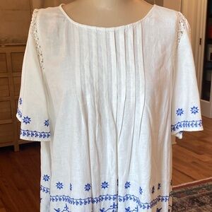 LOFT White with Blue Embroidery Blouse - Size L